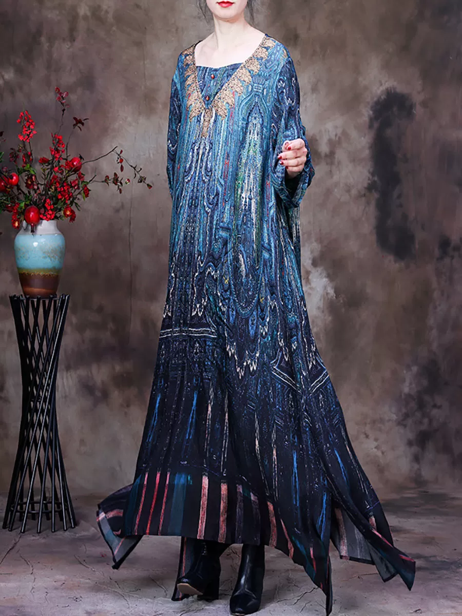 Vintage Women Retro Batwing Sleeve Maxi Dress