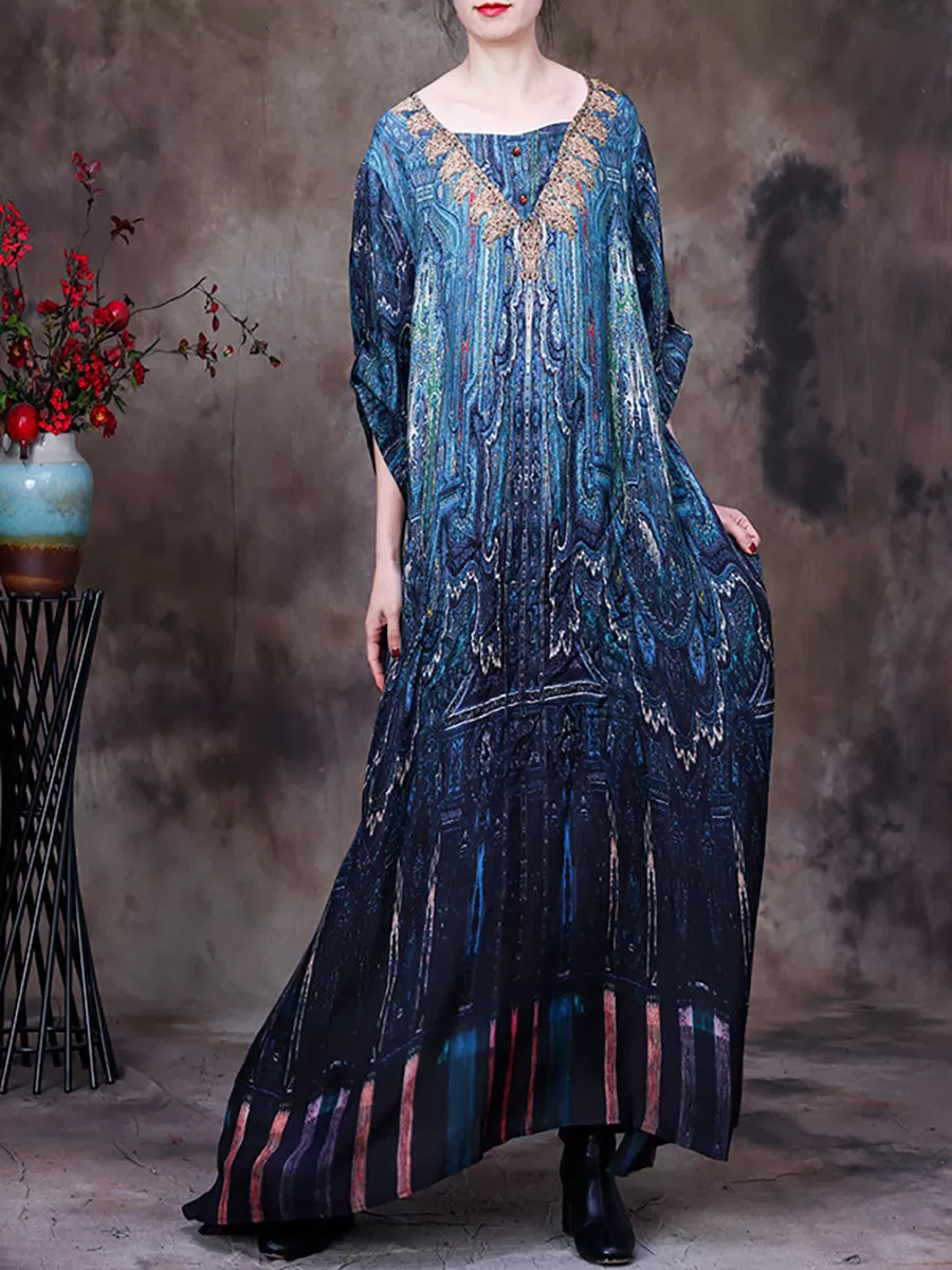 Vintage Women Retro Batwing Sleeve Maxi Dress