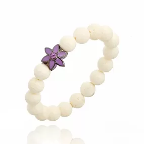 White Coral Beaded Bracelet with Sterling Silver, Lavender Enamel & Amethyst