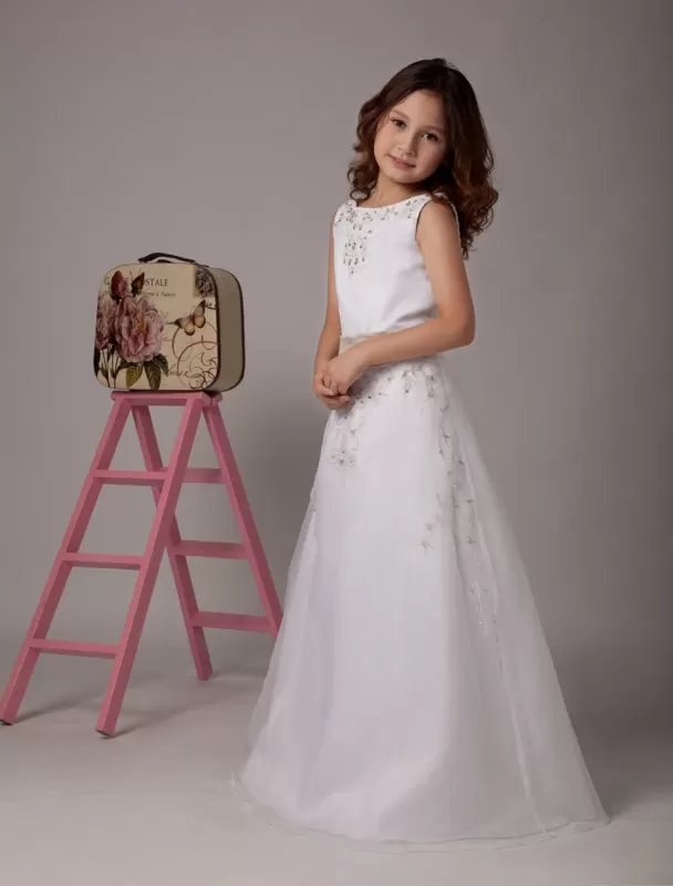 White Satin Organza Flower Girl Dresses Sleeveless Sash Lace Beaded Kids Party Dresses