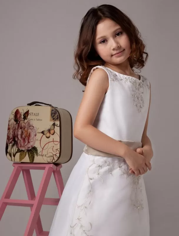 White Satin Organza Flower Girl Dresses Sleeveless Sash Lace Beaded Kids Party Dresses