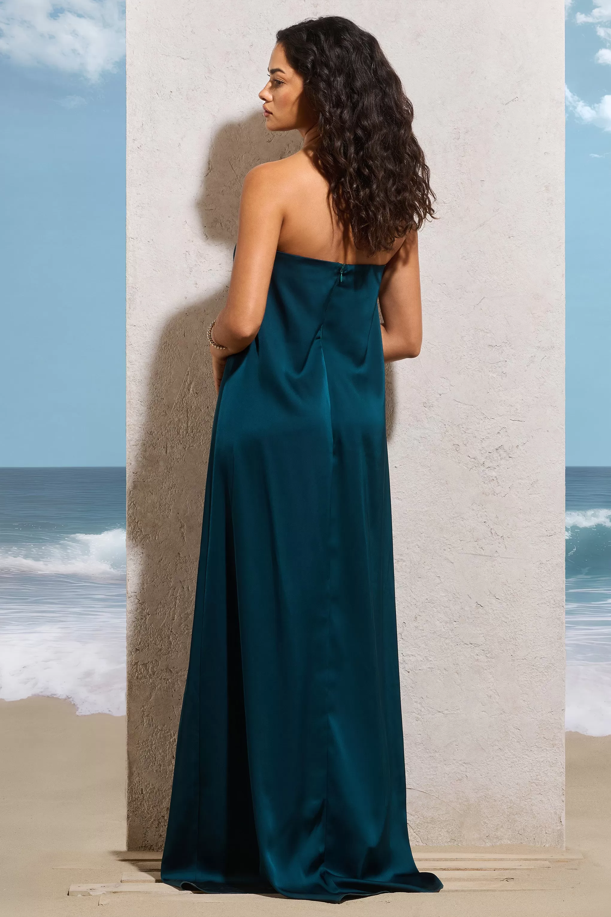 Wildflower | Bottle Green Strapless Split Maxi Dress With Ruffles