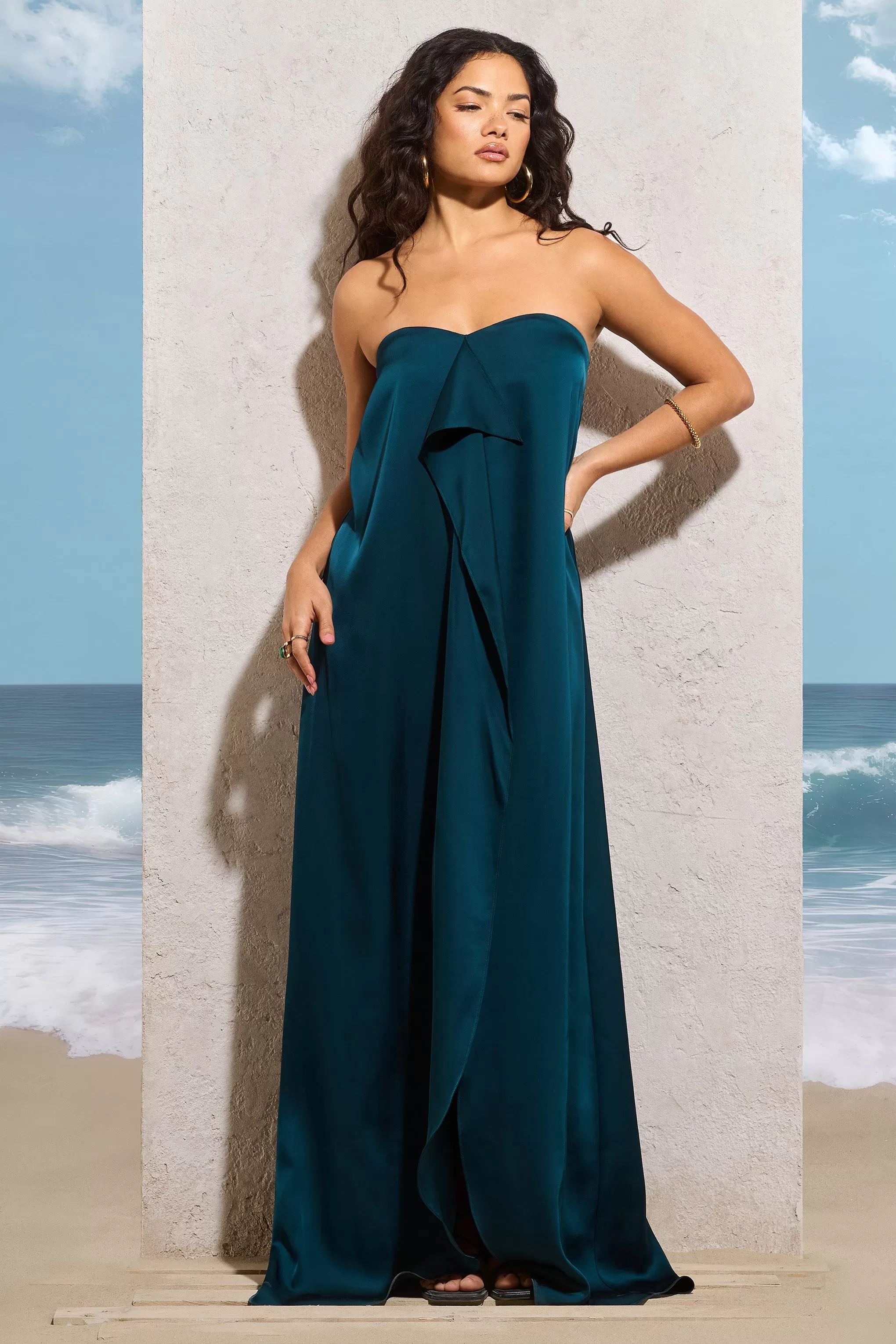 Wildflower | Bottle Green Strapless Split Maxi Dress With Ruffles