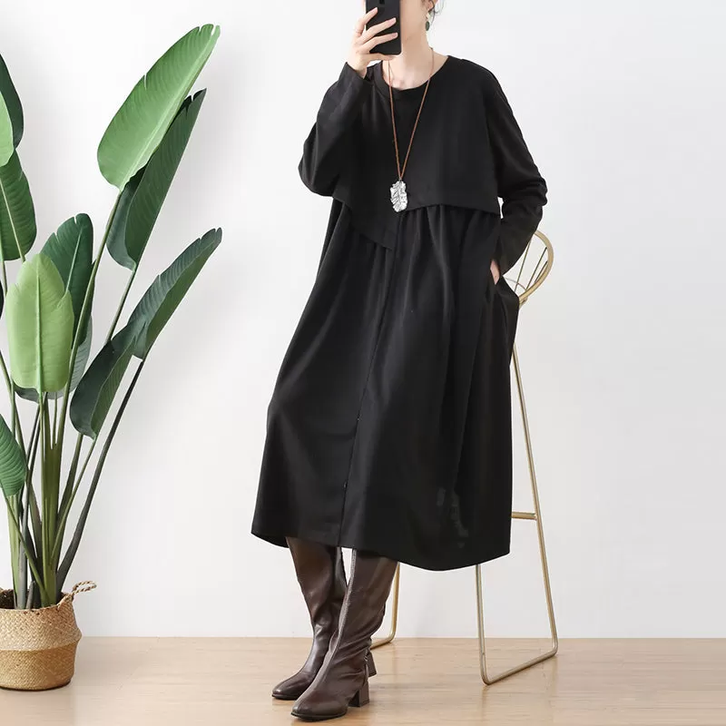 Women Autumn Cotton Solid Patchwork Dress