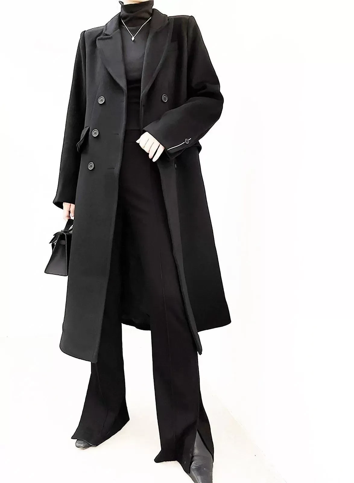 Women Black Long Coat,Double Breasted Wool Coat,Oversize Wool Coat,Long Black Coat,Woolen Coat,Wool Trench Coat,Winter Long Coat Black W109