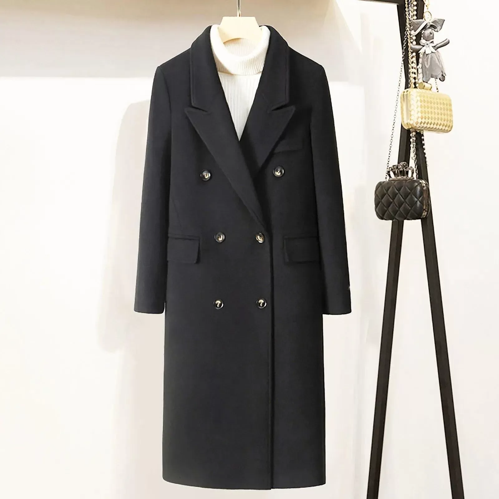 Women Black Long Coat,Double Breasted Wool Coat,Oversize Wool Coat,Long Black Coat,Woolen Coat,Wool Trench Coat,Winter Long Coat Black W109