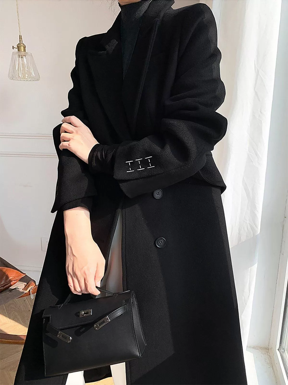 Women Black Wool Long Coat,Double Breasted Coat,Oversize Wool Coat,Black Long Maxi Coat,Winter Coat Women,Thicken Woolen Coat,Women Overcoat