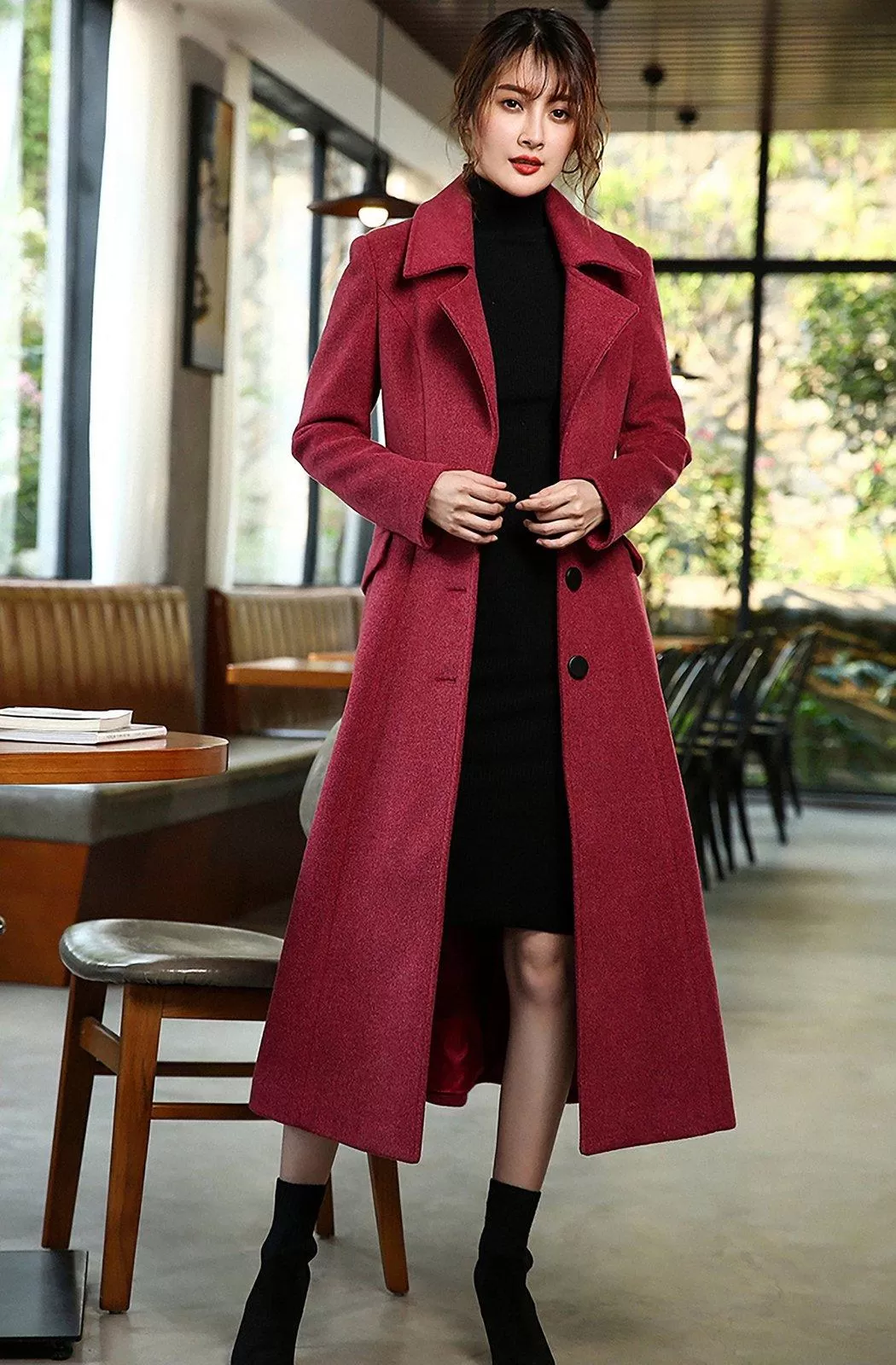 Women Custom Wool Coat,Single Breasted Woolen Coat,Winter Overcoat,Solid Peaked Lapel Long Coat,Wool Blend Coat,Red Khaki Coat,Outerwear