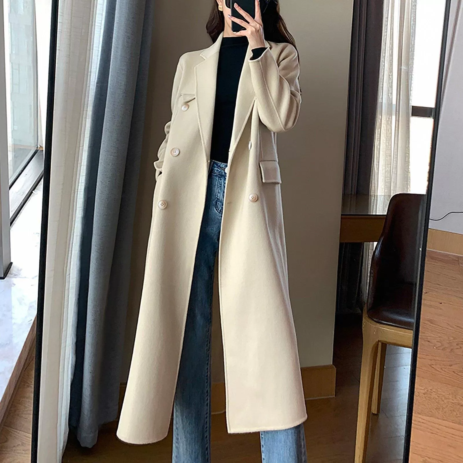 Women Olive Green Wool Long Coat,Double Faced Long Wool Coat,Warm Winter Coat,Wool Overcoat,Double breasted Woolen Coat,Beige Long Wool Coat