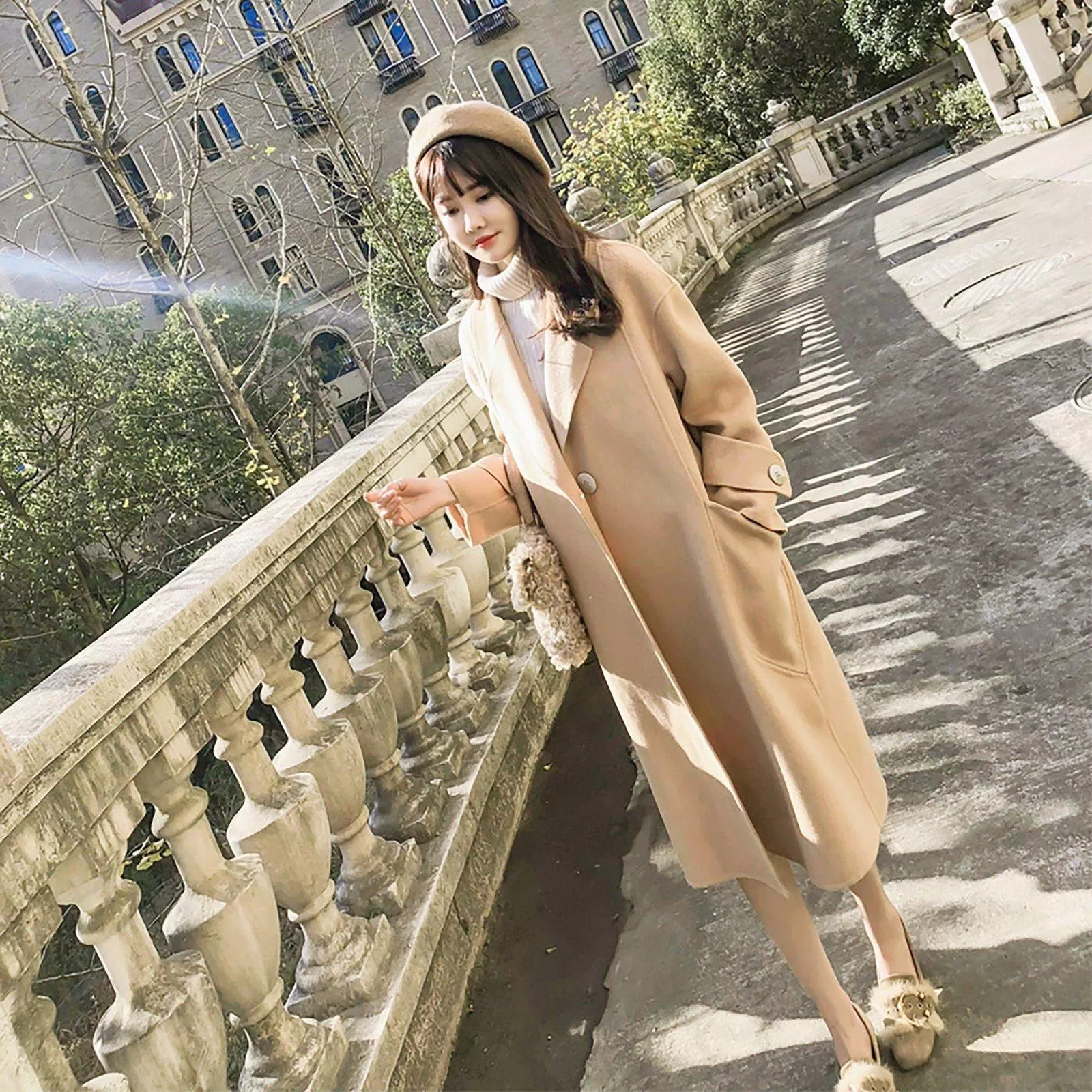 Women Wool Blend Coat duster cloth Over the knee Long Overcoat camel woolen coat Fall Winter Wool Coat Oversize One button Trench outerwear