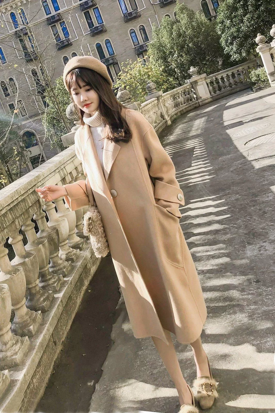 Women Wool Blend Coat duster cloth Over the knee Long Overcoat camel woolen coat Fall Winter Wool Coat Oversize One button Trench outerwear