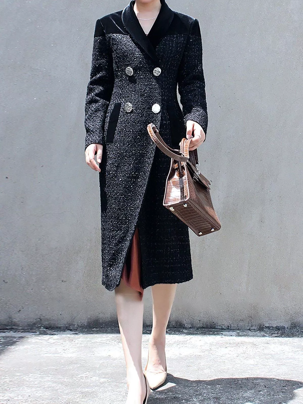 Women's Black Tweed woolen coat,Double Breasted Wool Long Coat,Wool Overcoat Fall Winter Wool Blend Trench Coat Outerwear