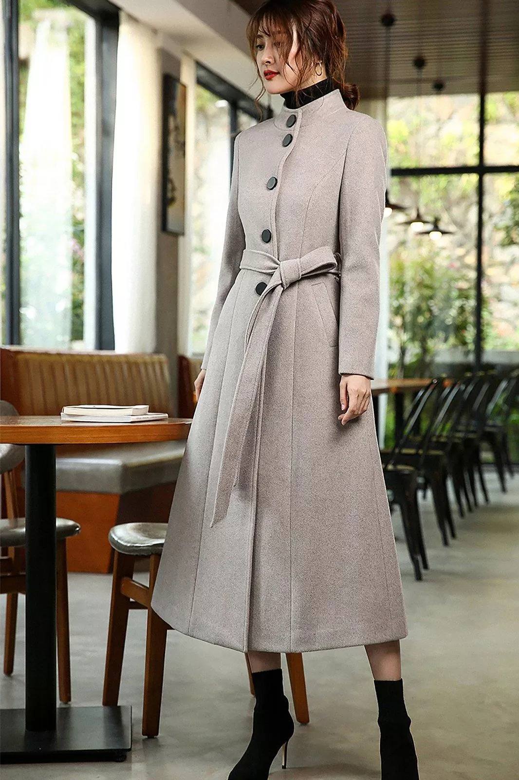 Women's Custom Gray Cashmere coat,super long over-the-knee slim Wool Coat,lace-up woolen coat,Autumn Winter coat for women,Women's Outerwear