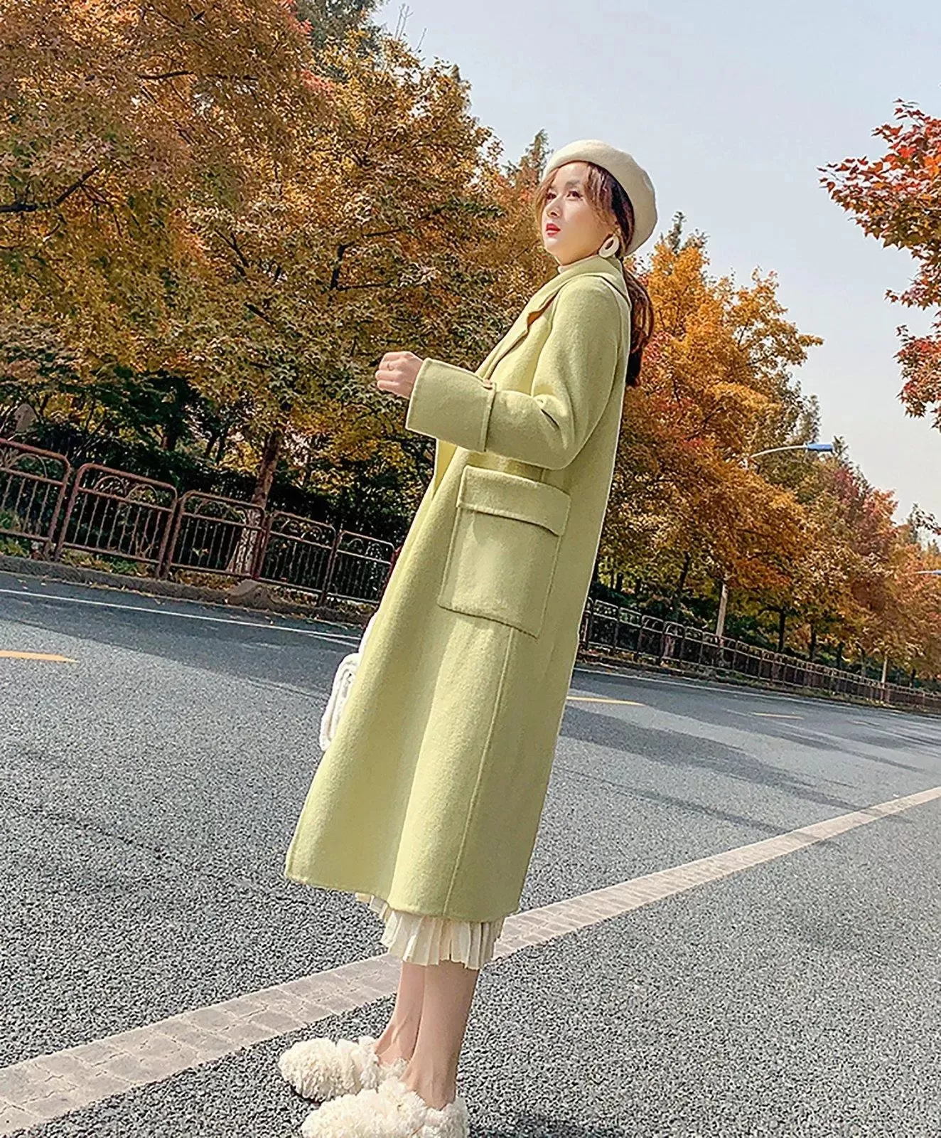 Women's Green Double-Sided wool cashmere coat Loose Oversize Woolen Overcoat Fall Winter Wool Blend Coat Double Breasted Coat Outerwear