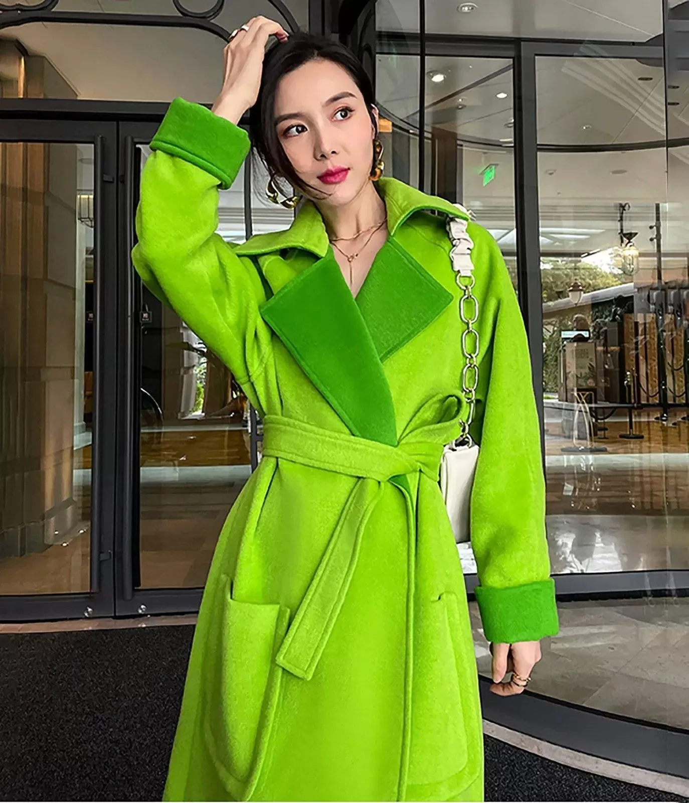 Women's Green Loose woolen coat with suit collar,Oversize Long wool coat,Thick wool overcoat,Fall Coat for women Winter Wool Trench coat