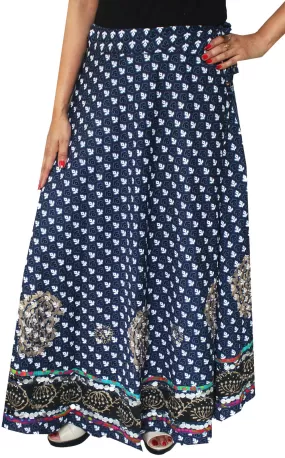 Womens Long Indian Skirt Cotton Block Printed Ethnic India Clothes (Blue)