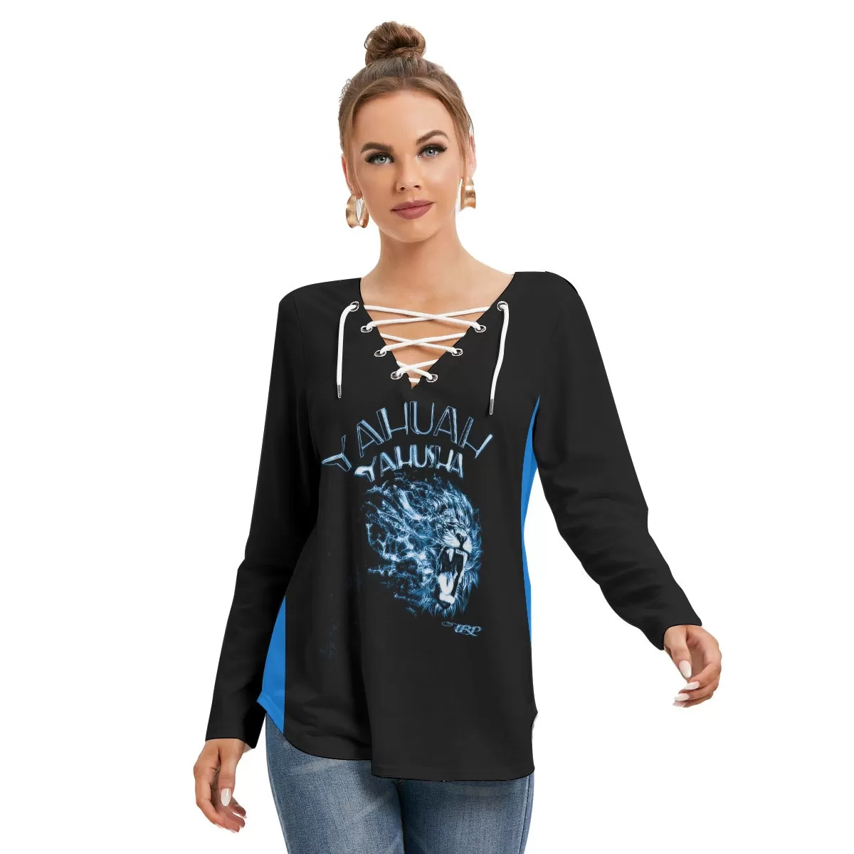 Yahuah Yahusha 01-06 Designer Long Sleeve V-neck Lace Up Front T-shirt