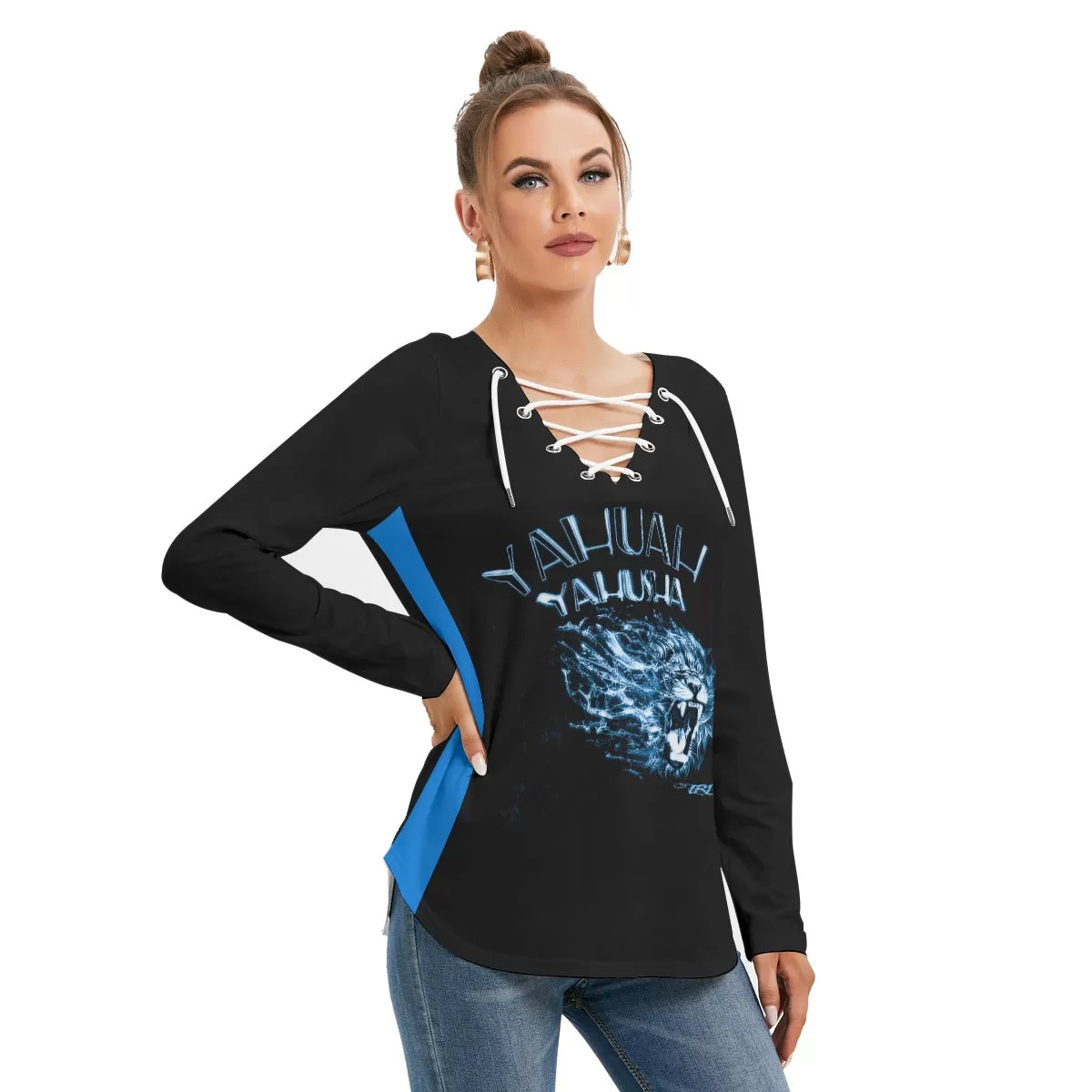 Yahuah Yahusha 01-06 Designer Long Sleeve V-neck Lace Up Front T-shirt