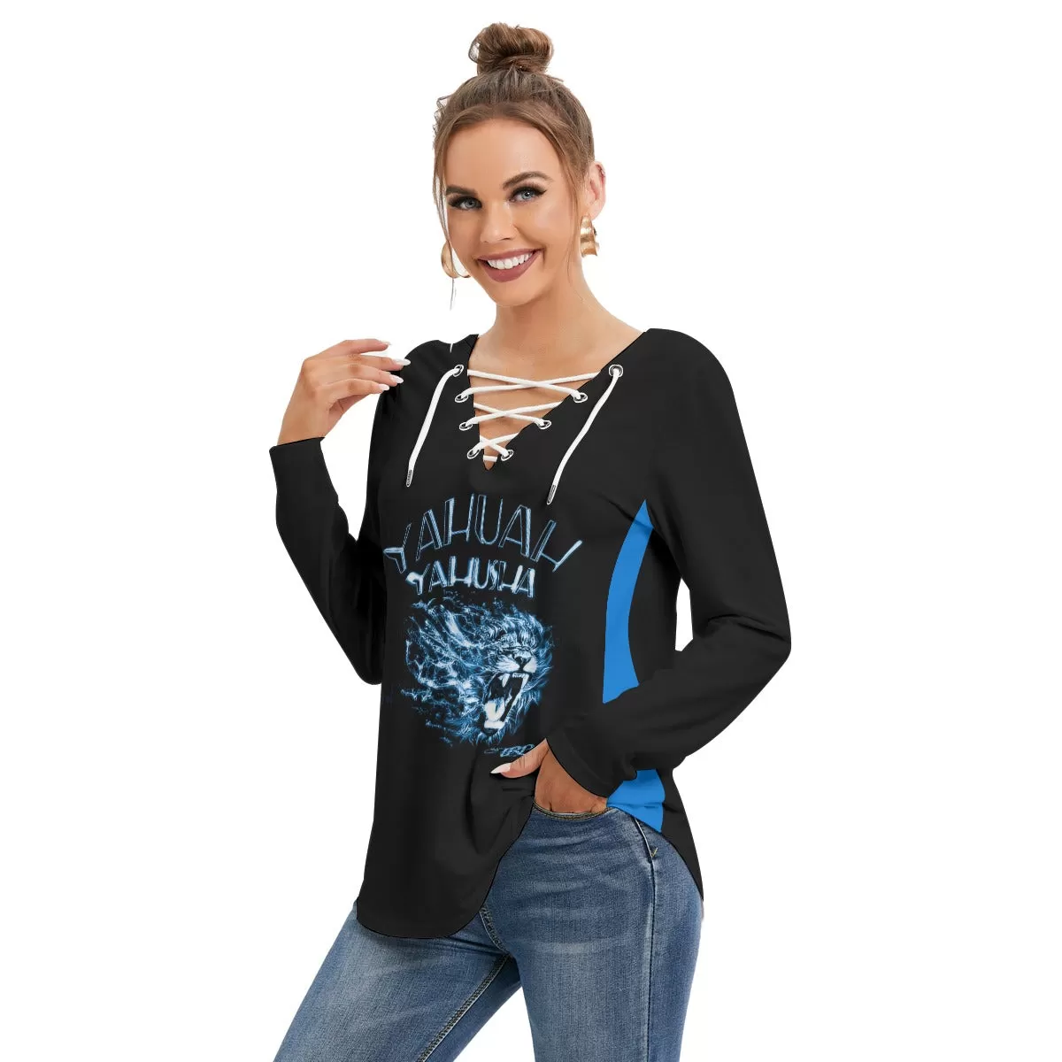 Yahuah Yahusha 01-06 Designer Long Sleeve V-neck Lace Up Front T-shirt